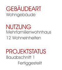 Bauabschnitt 1 	Fertiggestellt Projektstatus Mehrfamilienwohnhaus12 Wohneinheiten Nutzung  Wohngebäude Gebäudeart
